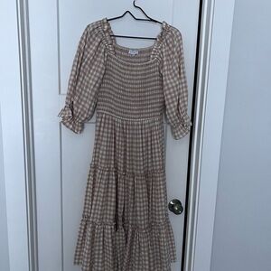 Ivy City Co Beige Gingham Midi Dress